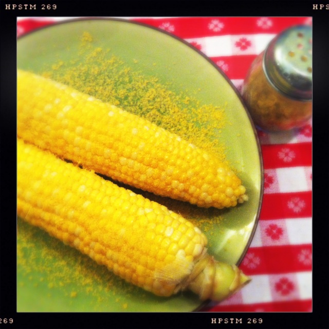 Two ears of corn on a green plate, sprinkled with nutritional yeast, with a shaker of nutritional yeast next to the plate.